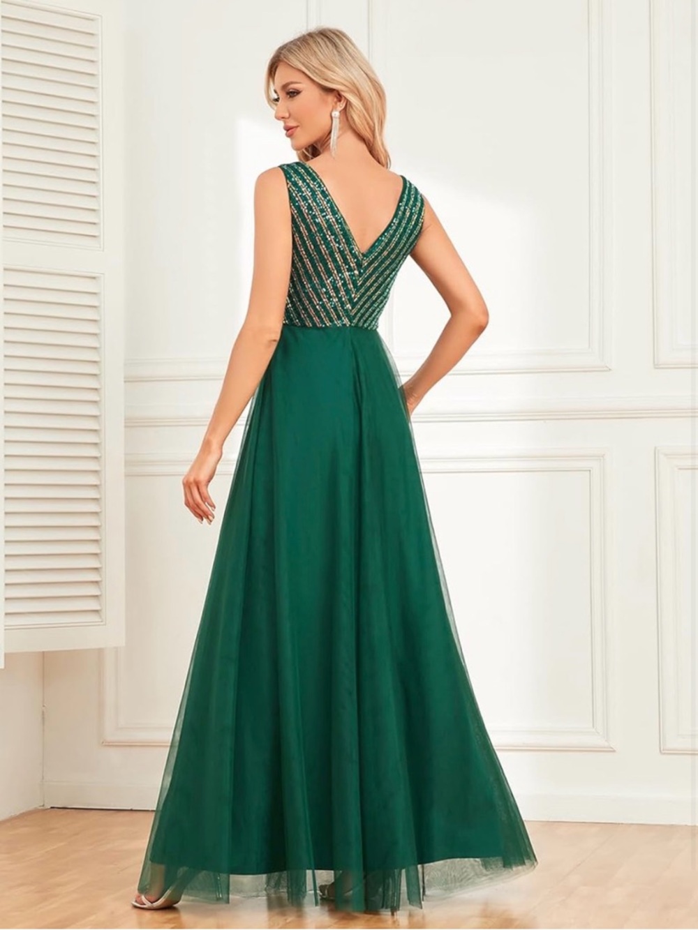 NWT Sequin Dress Evening Gowns Tulle Long Empire Waist Twist Formal Maxi Large - Picture 2 of 12